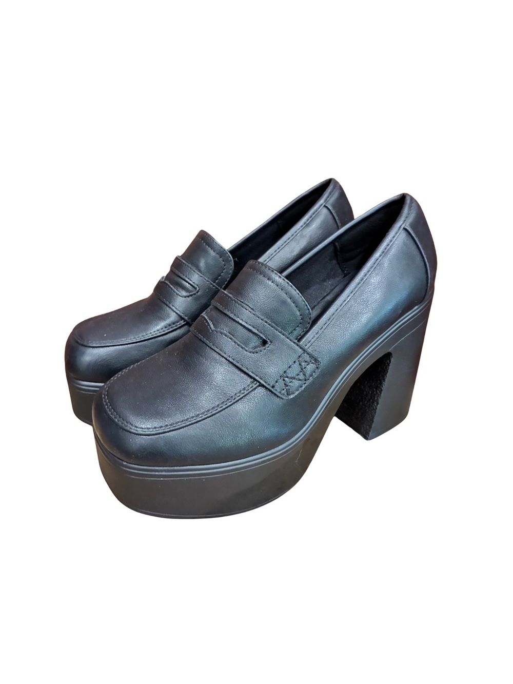 Call It Spring Black Vegan Platform Penny Loafer Heels Chunky Block Heel